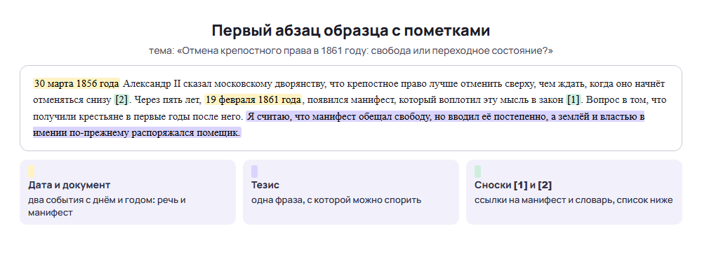 Пример эссе по истории: первый абзац образца с пометками даты, тезиса и сносок