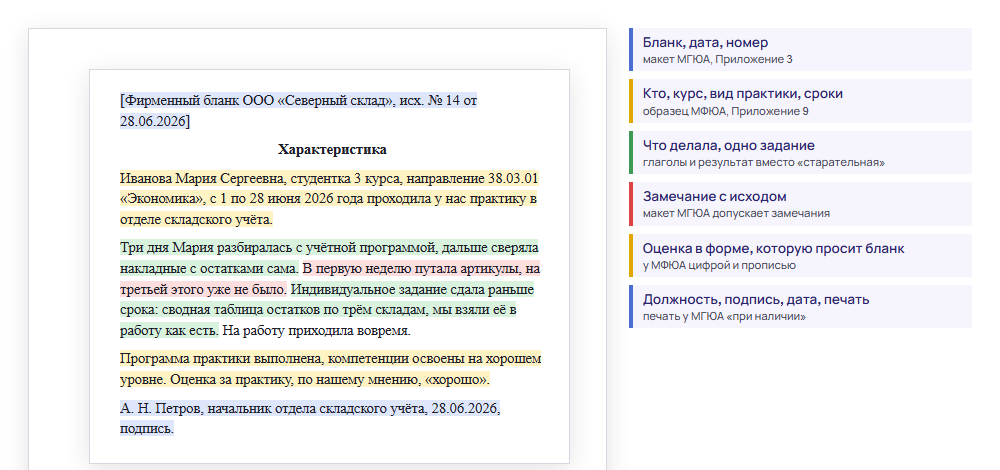 Образец характеристики с места практики на вымышленную студентку с пометками: бланк, сроки, работа, замечание, оценка, подпись