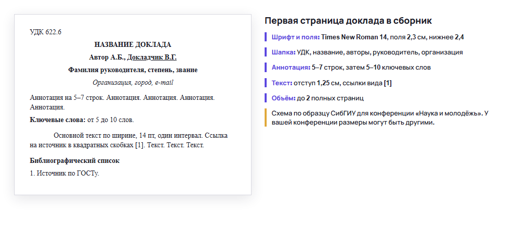 Первая страница доклада в сборник конференции с пометками: шапка, аннотация, ключевые слова, основной текст