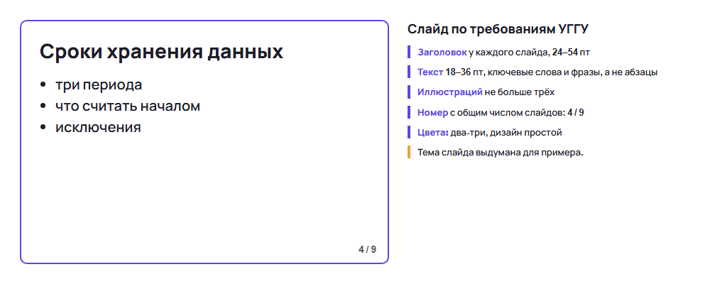Слайд доклада с заголовком, тремя ключевыми фразами и номером 4 из 9 по требованиям методички УГГУ