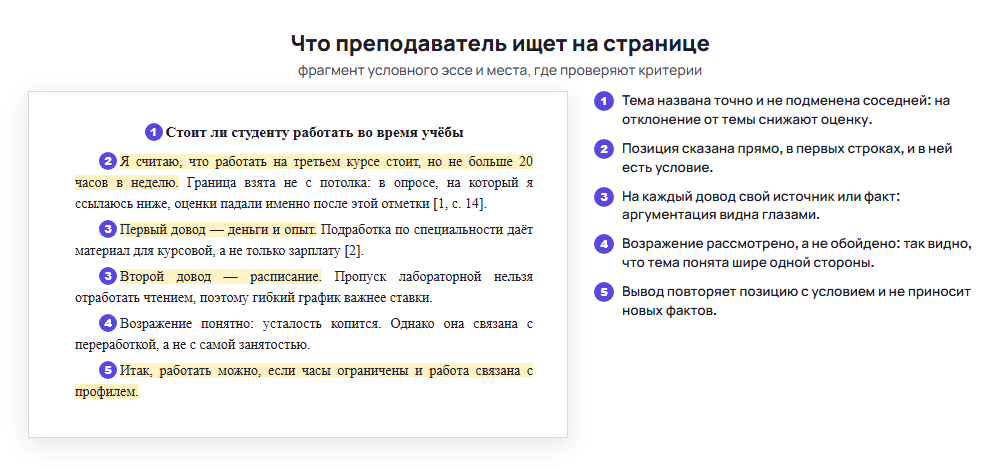 Что должно быть в эссе: тема, позиция, два довода, возражение и вывод на условной странице с пометками